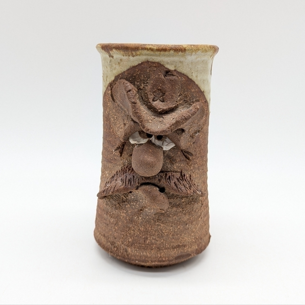 Handmade brown cream ugly cowboy people stoneware mug